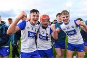 14 June 2025; Waterford players from left Eanna McHugh, Darragh Keane and Pierce Quinn celebrate after the Electric Ireland GAA All-Ireland Minor Championship semi-final match between Kilkenny and Waterford Chadwicks Wexford Park in Wexford. Photo by Matt Browne/Sportsfile
