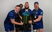 14 June 2025; Leinster players, from left, James Ryan, Ryan Baird, RG Snyman and Joe McCarthy celebrate with the URC trophy after the United Rugby Championship Grand Final match between Leinster and Vodacom Bulls at Croke Park in Dublin. Photo by Brendan Moran/Sportsfile