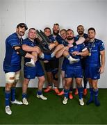 14 June 2025; Leinster players, from left, Jack Conan, Jack Boyle, Fintan Gunne, RG Snyman, Jamie Osborne, Rónan Kelleher, Max Deegan and Ross Byrne celebrate with the URC trophy after the United Rugby Championship Grand Final match between Leinster and Vodacom Bulls at Croke Park in Dublin. Photo by Brendan Moran/Sportsfile