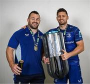 14 June 2025; Cian Healy, left, and Ross Byrne of Leinster celebrate with the URC trophy after the United Rugby Championship Grand Final match between Leinster and Vodacom Bulls at Croke Park in Dublin. Photo by Brendan Moran/Sportsfile