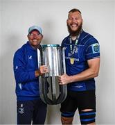 14 June 2025; Leinster senior coach Jacques Nienaber, left, and RG Snyman celebrate with the URC trophy after the United Rugby Championship Grand Final match between Leinster and Vodacom Bulls at Croke Park in Dublin. Photo by Brendan Moran/Sportsfile