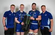 14 June 2025; Brothers Andrew and Jamie Osborne, left, and Joe McCarthy and Paddy McCarthy of Leinster celebrate with the URC trophy after the United Rugby Championship Grand Final match between Leinster and Vodacom Bulls at Croke Park in Dublin. Photo by Brendan Moran/Sportsfile