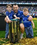 14 June 2025; Cian Healy of Leinster with his sons Beau and Russell after the United Rugby Championship Grand Final match between Leinster and Vodacom Bulls at Croke Park in Dublin. Photo by Brendan Moran/Sportsfile