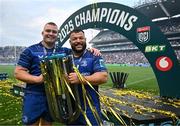 14 June 2025; Jack Boyle, left, and Rabah Slimani of Leinster after the United Rugby Championship Grand Final match between Leinster and Vodacom Bulls at Croke Park in Dublin. Photo by Brendan Moran/Sportsfile