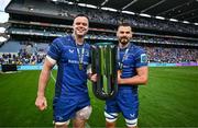 14 June 2025; Leinster players James Ryan, left, and Max Deegan after the United Rugby Championship Grand Final match between Leinster and Vodacom Bulls at Croke Park in Dublin. Photo by Brendan Moran/Sportsfile