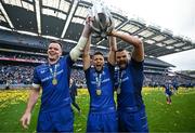 14 June 2025; Leinster players, from left, James Ryan, Ross Byrne and Max Deegan after the United Rugby Championship Grand Final match between Leinster and Vodacom Bulls at Croke Park in Dublin. Photo by Brendan Moran/Sportsfile