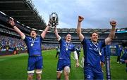 14 June 2025; Leinster players, from left, Joe McCarthy, James Ryan and Ryan Baird after the United Rugby Championship Grand Final match between Leinster and Vodacom Bulls at Croke Park in Dublin. Photo by Brendan Moran/Sportsfile