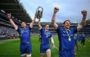 14 June 2025; Leinster players, from left, Joe McCarthy, James Ryan and Ryan Baird after the United Rugby Championship Grand Final match between Leinster and Vodacom Bulls at Croke Park in Dublin. Photo by Brendan Moran/Sportsfile