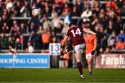 14 June 2025; Shane Walsh of Galway kicks his side's match winning score, from a free, during the GAA Football All-Ireland Senior Championship Round 3 match between Galway and Armagh at Kingspan Breffni in Cavan. Photo by Ben McShane/Sportsfile
