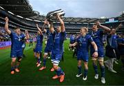14 June 2025; Max Deegan of Leinster, centre, and team-mates after the United Rugby Championship Grand Final match between Leinster and Vodacom Bulls at Croke Park in Dublin. Photo by Brendan Moran/Sportsfile