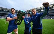 14 June 2025; Leinster players Joe McCarthy, left, and Paddy McCarthy, right, with their brother and Leinster Rugby Energia culture captain Andrew McCarthy, centre, after the United Rugby Championship Grand Final match between Leinster and Vodacom Bulls at Croke Park in Dublin. Photo by Brendan Moran/Sportsfile