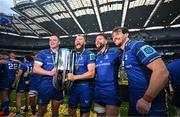 14 June 2025; Leinster players, from left, James Ryan, RG Snyman, Joe McCarthy and Ryan Baird after the United Rugby Championship Grand Final match between Leinster and Vodacom Bulls at Croke Park in Dublin. Photo by Brendan Moran/Sportsfile