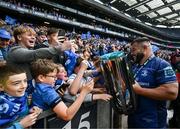 14 June 2025; Rabah Slimani of Leinster with supporters after the United Rugby Championship Grand Final match between Leinster and Vodacom Bulls at Croke Park in Dublin. Photo by Brendan Moran/Sportsfile