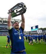 14 June 2025; Joe McCarthy of Leinster celebrates with the URC trophy after the United Rugby Championship Grand Final match between Leinster and Vodacom Bulls at Croke Park in Dublin. Photo by Brendan Moran/Sportsfile