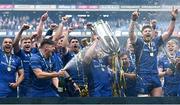 14 June 2025; Leinster players celebrate with the cup after their side's victory in the United Rugby Championship Grand Final match between Leinster and Vodacom Bulls at Croke Park in Dublin. Photo by David Fitzgerald/Sportsfile