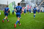 14 June 2025; Jordie Barrett of Leinster runs onto the pitch for his last game for Leinster before the United Rugby Championship Grand Final match between Leinster and Vodacom Bulls at Croke Park in Dublin. Photo by Brendan Moran/Sportsfile