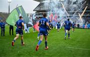 14 June 2025; Jordie Barrett of Leinster runs onto the pitch for his last game for Leinster before the United Rugby Championship Grand Final match between Leinster and Vodacom Bulls at Croke Park in Dublin. Photo by Brendan Moran/Sportsfile