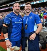 14 June 2025; Jack Conan, left, and Caelan Doris of Leinster celebrate after the United Rugby Championship Grand Final match between Leinster and Vodacom Bulls at Croke Park in Dublin. Photo by Brendan Moran/Sportsfile