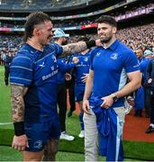 14 June 2025; Andrew Porter, left, and Harry Byrne of Leinster celebrate after the United Rugby Championship Grand Final match between Leinster and Vodacom Bulls at Croke Park in Dublin. Photo by Brendan Moran/Sportsfile