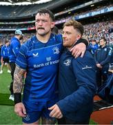 14 June 2025; Andrew Porter, left, and Liam Turner of Leinster celebrate after the United Rugby Championship Grand Final match between Leinster and Vodacom Bulls at Croke Park in Dublin. Photo by Brendan Moran/Sportsfile