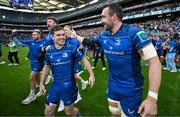 14 June 2025; Luke McGrath, centre, and Jack Conan of Leinster celebrate after the United Rugby Championship Grand Final match between Leinster and Vodacom Bulls at Croke Park in Dublin. Photo by Brendan Moran/Sportsfile