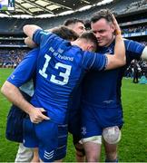 14 June 2025; Leinster players, from left, Caelan Doris, Dan Sheehan, Garry Ringrose and James Ryan celebrate after the United Rugby Championship Grand Final match between Leinster and Vodacom Bulls at Croke Park in Dublin. Photo by Brendan Moran/Sportsfile
