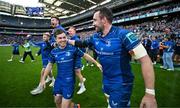 14 June 2025; Luke McGrath, centre, and Jack Conan of Leinster celebrate after the United Rugby Championship Grand Final match between Leinster and Vodacom Bulls at Croke Park in Dublin. Photo by Brendan Moran/Sportsfile