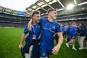 14 June 2025; Caelan Doris, left, and Dan Sheehan of Leinster celebrate after the United Rugby Championship Grand Final match between Leinster and Vodacom Bulls at Croke Park in Dublin. Photo by Brendan Moran/Sportsfile