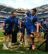 14 June 2025; Cian Healy, left, and Dan Sheehan of Leinster celebrate after the United Rugby Championship Grand Final match between Leinster and Vodacom Bulls at Croke Park in Dublin. Photo by Brendan Moran/Sportsfile