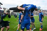 14 June 2025; RG Snyman of Leinster carries teammate Jamison Gibson-Park as they celebrate after the United Rugby Championship Grand Final match between Leinster and Vodacom Bulls at Croke Park in Dublin. Photo by Brendan Moran/Sportsfile