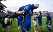 14 June 2025; RG Snyman of Leinster carries teammate Jamison Gibson-Park as they celebrate after the United Rugby Championship Grand Final match between Leinster and Vodacom Bulls at Croke Park in Dublin. Photo by Brendan Moran/Sportsfile