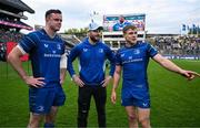 14 June 2025; Leinster players, from left, James Ryan, Robbie Henshaw and Garry Ringrose celebrate after the United Rugby Championship Grand Final match between Leinster and Vodacom Bulls at Croke Park in Dublin. Photo by Brendan Moran/Sportsfile
