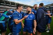 14 June 2025; Jimmy O'Brien, left, and Rabah Slimani of Leinster celebrate after the United Rugby Championship Grand Final match between Leinster and Vodacom Bulls at Croke Park in Dublin. Photo by Brendan Moran/Sportsfile
