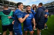 14 June 2025; Jimmy O'Brien, left, and Rabah Slimani of Leinster celebrate after the United Rugby Championship Grand Final match between Leinster and Vodacom Bulls at Croke Park in Dublin. Photo by Brendan Moran/Sportsfile