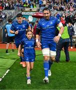 14 June 2025; Leinster captain Jack Conan with mascot Isabella Gibson-Park before the United Rugby Championship Grand Final match between Leinster and Vodacom Bulls at Croke Park in Dublin. Photo by Brendan Moran/Sportsfile