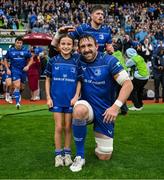 14 June 2025; Leinster captain Jack Conan with mascot Isabella Gibson-Park before the United Rugby Championship Grand Final match between Leinster and Vodacom Bulls at Croke Park in Dublin. Photo by Brendan Moran/Sportsfile