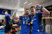 14 June 2025; Max Deegan, left, and Joe McCarthy of Leinster celebrate after the United Rugby Championship Grand Final match between Leinster and Vodacom Bulls at Croke Park in Dublin. Photo by Brendan Moran/Sportsfile