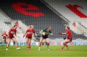 14 June 2025; Siofra O'Shea of Kerry in action against Cork players, from left, Hannah Looney, Laura O'Mahony, and Shauna Cronin during the TG4 All-Ireland Ladies Football Senior Championship Round 2 match between Cork and Kerry at Supervalu Páirc Uí Chaoimh in Cork. Photo by Michael P Ryan/Sportsfile