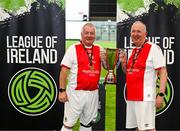 14 June 2025; Terry Butler, left, and Bracey Daniels of St Patrick's Athletic celebrates with the cup after the League of Ireland Walking Football Festival at the National Indoor Arena on the Sport Ireland Campus in Dublin. Photo by Stephen McCarthy/Sportsfile