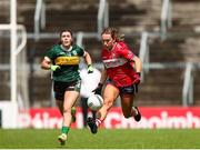 14 June 2025; Sarah Leahy of Cork in action against Rachel Dwyer of Kerry during the TG4 All-Ireland Ladies Football Senior Championship Round 2 match between Cork and Kerry at Supervalu Páirc Uí Chaoimh in Cork. Photo by Michael P Ryan/Sportsfile