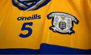15 June 2025; A detailed view of the crest of Clare jersey is seen before the GAA Football All-Ireland Senior Championship Round 3 match between Louth and Clare at Laois Hire O'Moore Park in Portlaoise, Laois. Photo by Shauna Clinton/Sportsfile