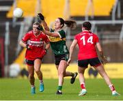 14 June 2025; Mary O'Connell of Kerry in action against Rosie Corkery,  left, and Hannah Looney of Cork during the TG4 All-Ireland Ladies Football Senior Championship Round 2 match between Cork and Kerry at Supervalu Páirc Uí Chaoimh in Cork. Photo by Michael P Ryan/Sportsfile