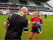 14 June 2025; Cork captain Sarah Leahy shakes hands with referee Shane Curley before the TG4 All-Ireland Ladies Football Senior Championship Round 2 match between Cork and Kerry at Supervalu Páirc Uí Chaoimh in Cork. Photo by Michael P Ryan/Sportsfile
