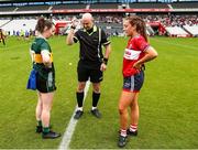 14 June 2025; Referee Shane Curley performs the coint toss in front of Kerry Captain Cait Lynch, left, and Cork captain Sarah Leahy before the TG4 All-Ireland Ladies Football Senior Championship Round 2 match between Cork and Kerry at Supervalu Páirc Uí Chaoimh in Cork. Photo by Michael P Ryan/Sportsfile