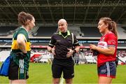 14 June 2025; Referee Shane Curley speaks with Kerry Captain Cait Lynch, left, and Cork captain Sarah Leahy before the TG4 All-Ireland Ladies Football Senior Championship Round 2 match between Cork and Kerry at Supervalu Páirc Uí Chaoimh in Cork. Photo by Michael P Ryan/Sportsfile