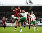 13 June 2025; Charlie Lyons of Cork City in action against James Clarke of Bohemians during the SSE Airtricity Men's Premier Division match between Cork City and Bohemians at Turner's Cross in Cork. Photo by Michael P Ryan/Sportsfile