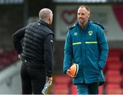 13 June 2025; Cork City assistant manager David Meyler, right, in conversation with Bohemians assistant manager Stephen O'Donnell before the SSE Airtricity Men's Premier Division match between Cork City and Bohemians at Turner's Cross in Cork. Photo by Michael P Ryan/Sportsfile