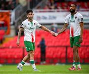 13 June 2025; Cork City players, from left, Sean Maguire and Djenairo Daniels during the SSE Airtricity Men's Premier Division match between Cork City and Bohemians at Turner's Cross in Cork. Photo by Michael P Ryan/Sportsfile