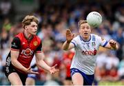 15 June 2025; Kieran Duffy of Monaghan in action against Patrick McCarthy of Down during the GAA Football All-Ireland Senior Championship Round 3 match between Monaghan and Down at BOX-IT Athletic Grounds in Armagh. Photo by Thomas Flinkow/Sportsfile