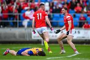 15 June 2025; Ciaran Downey of Louth, 11, celebrates with Sam Mulroy after scoring their side's second goal during the GAA Football All-Ireland Senior Championship Round 3 match between Louth and Clare at Laois Hire O'Moore Park in Portlaoise, Laois. Photo by Shauna Clinton/Sportsfile